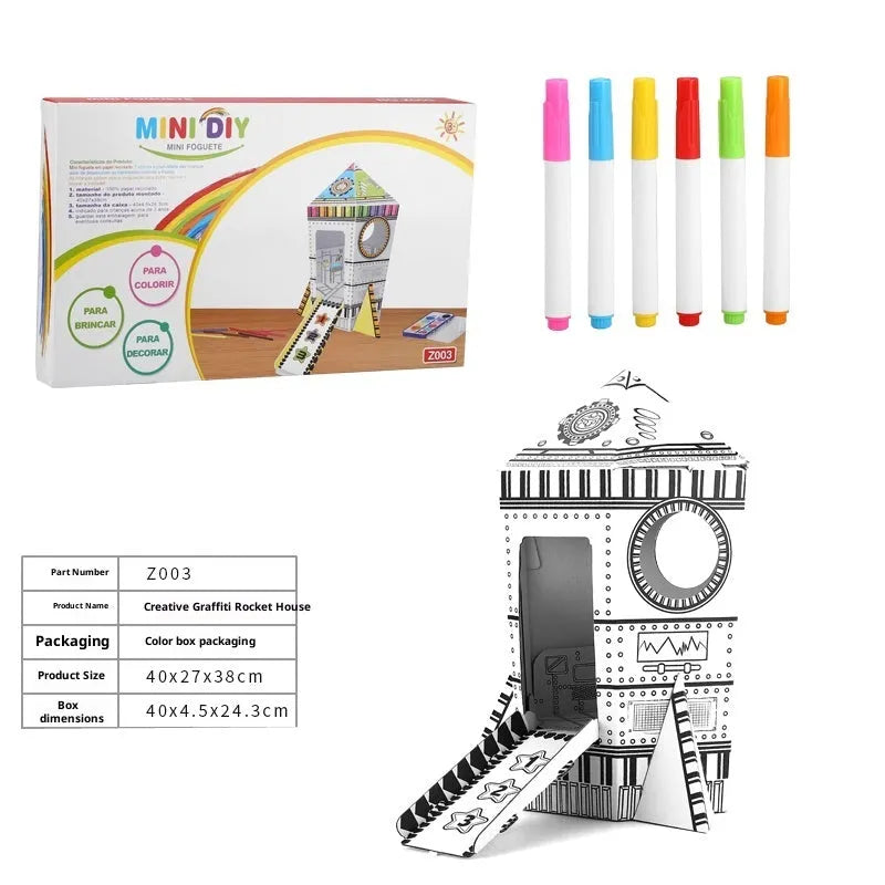 Paper DIY assembled 3D cartoon colour filling toy model featuring a Graffiti Castle theme
