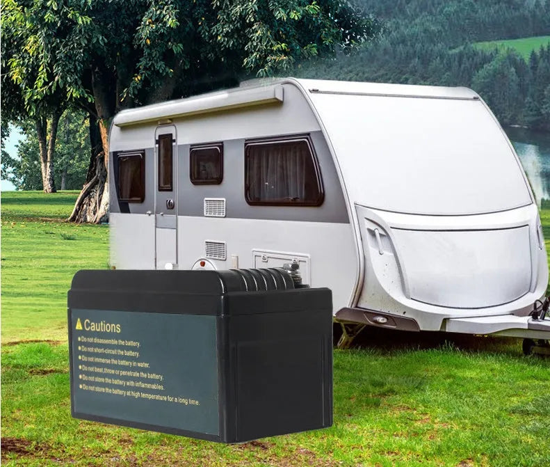 12V lithium iron phosphate battery in black colour with compact 150x87x93mm size for power storage