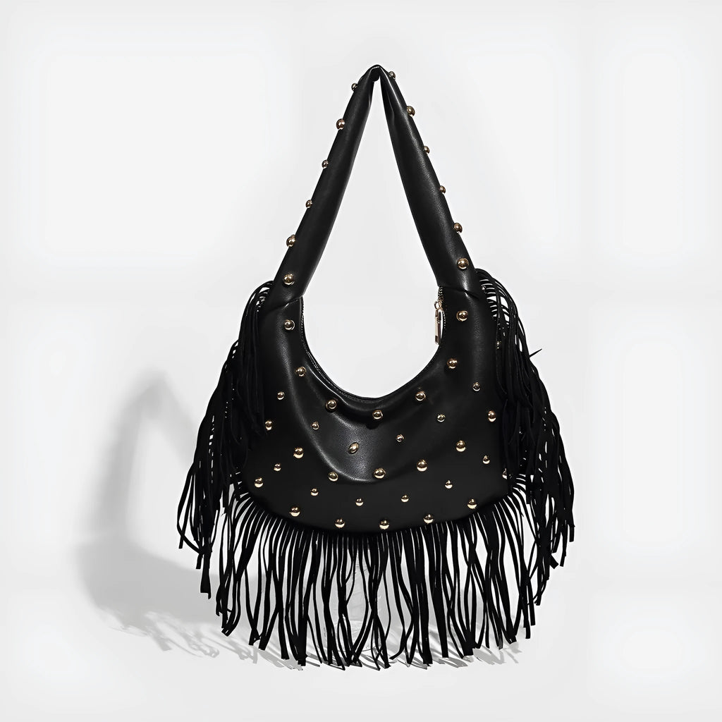 Retro style shoulder handbag with tassel detail in black or wine red colour with internal phone compartment