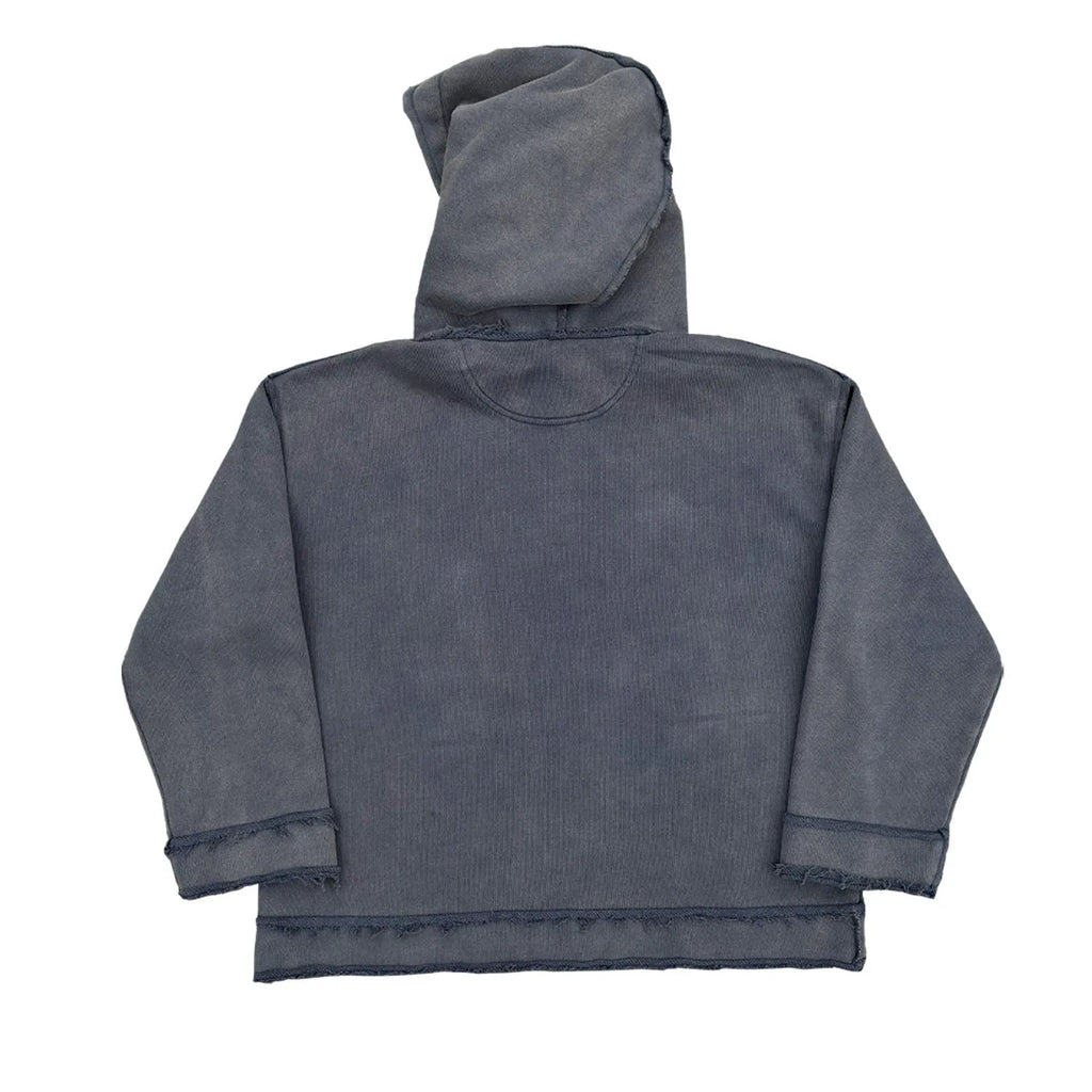 Men's dark blue zip-front hoodie with Back to Make graphic print on the front, hood up.