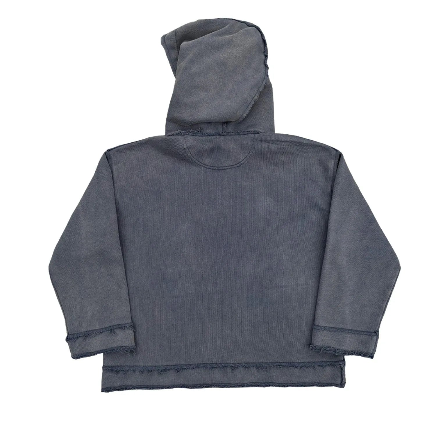 Men's dark blue zip-front hoodie with Back to Make graphic print on the front, hood up.