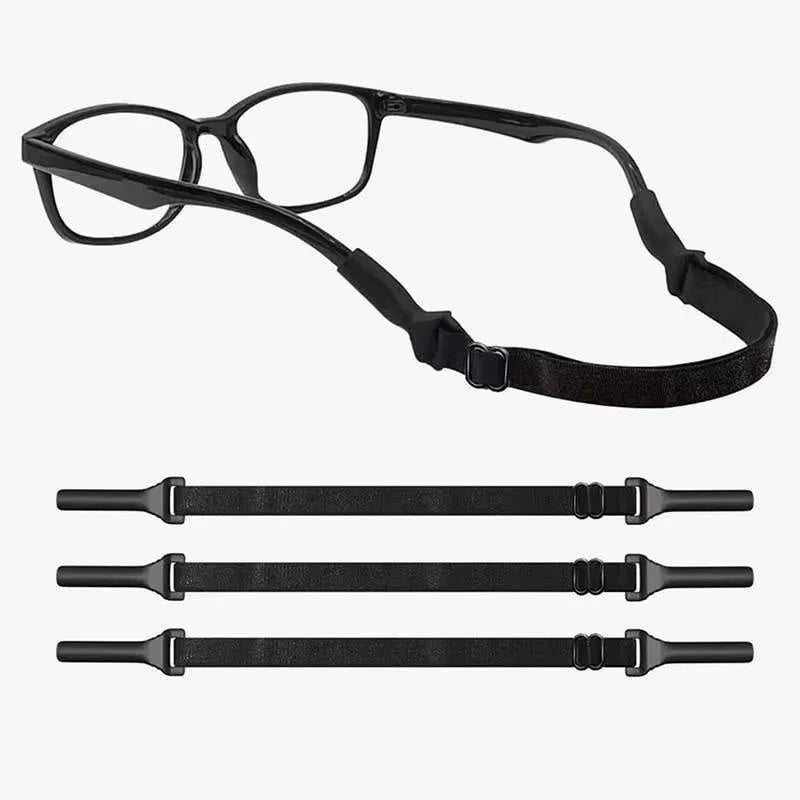 Black adjustable glasses retention cord with silicone temple hooks and fibre rope, shown in adult and children's sizes.