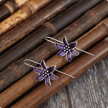 Purple flower earrings with alloy electroplated construction and floral design jewellery