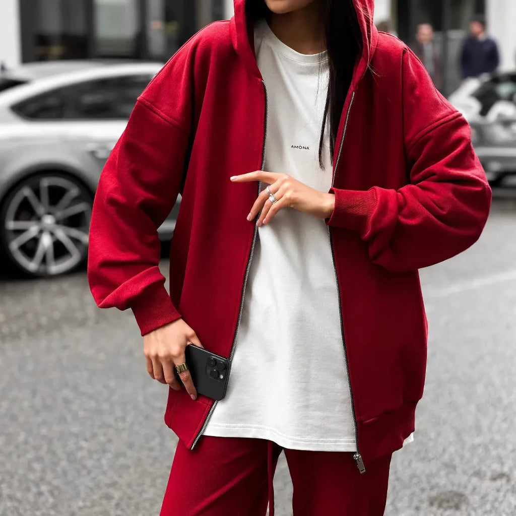 Red loose street style long-sleeved coat and trousers two-piece set on a hanger