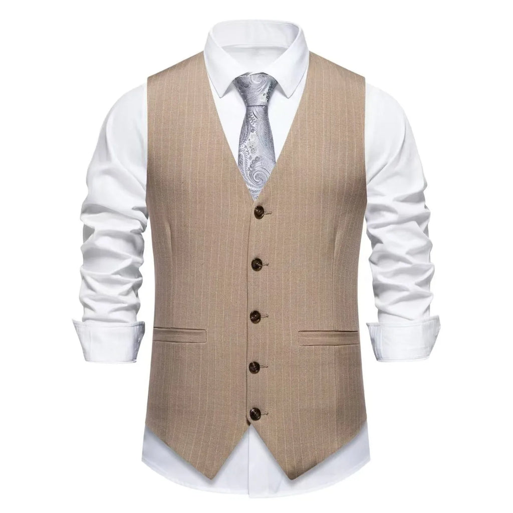 Man wearing a striped suit vest with embedded line pockets and a miter bottom hem.