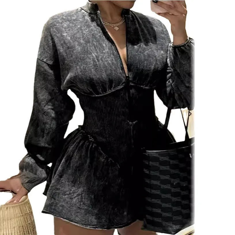 Grey women's digital printed dress with drawstring waist and slim-fit A-line silhouette.