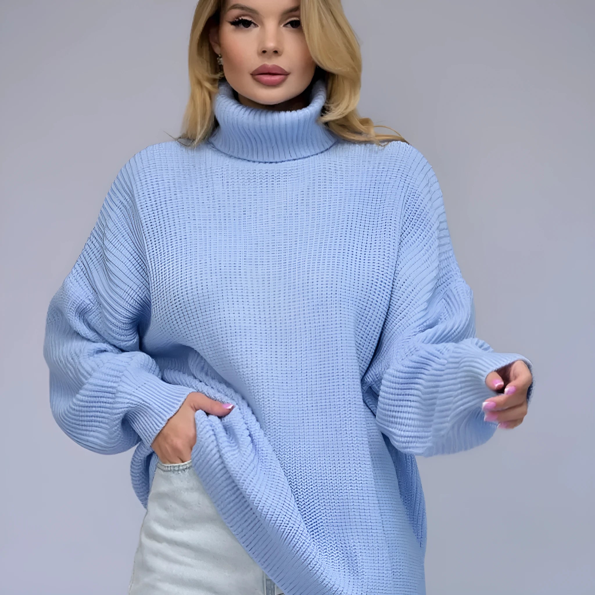 Women's high neck pullover sweater in solid colour with 3D pattern and regular long sleeves
