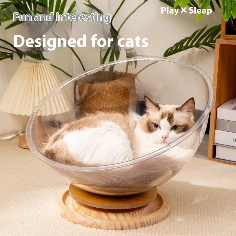 Transparent acrylic cat space capsule bathtub bed for feline sleeping
