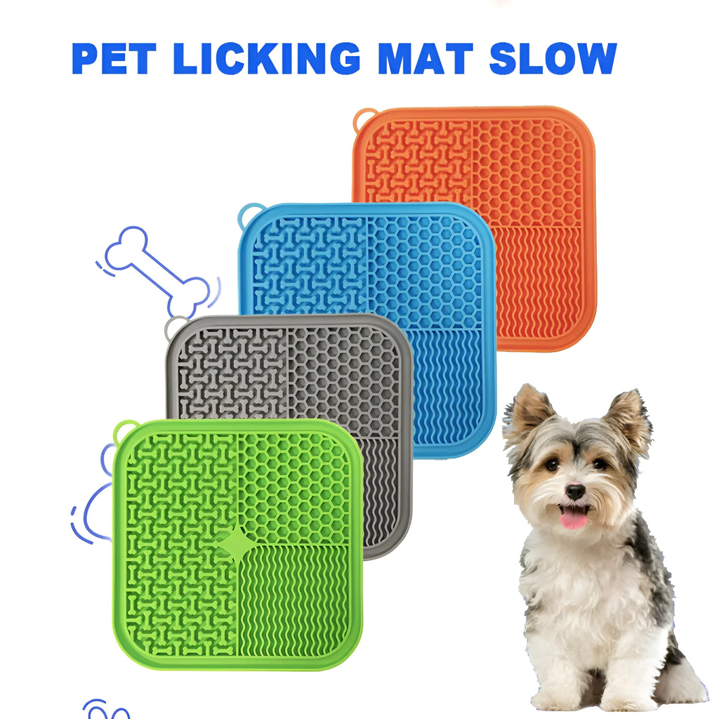 Orange and grey dog licking mat with textured surface and suction cups on back