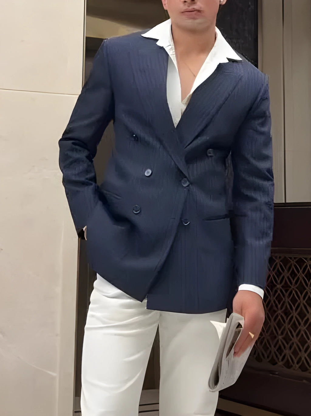 Men's striped double breasted blazer with four-button front closure in regular fit