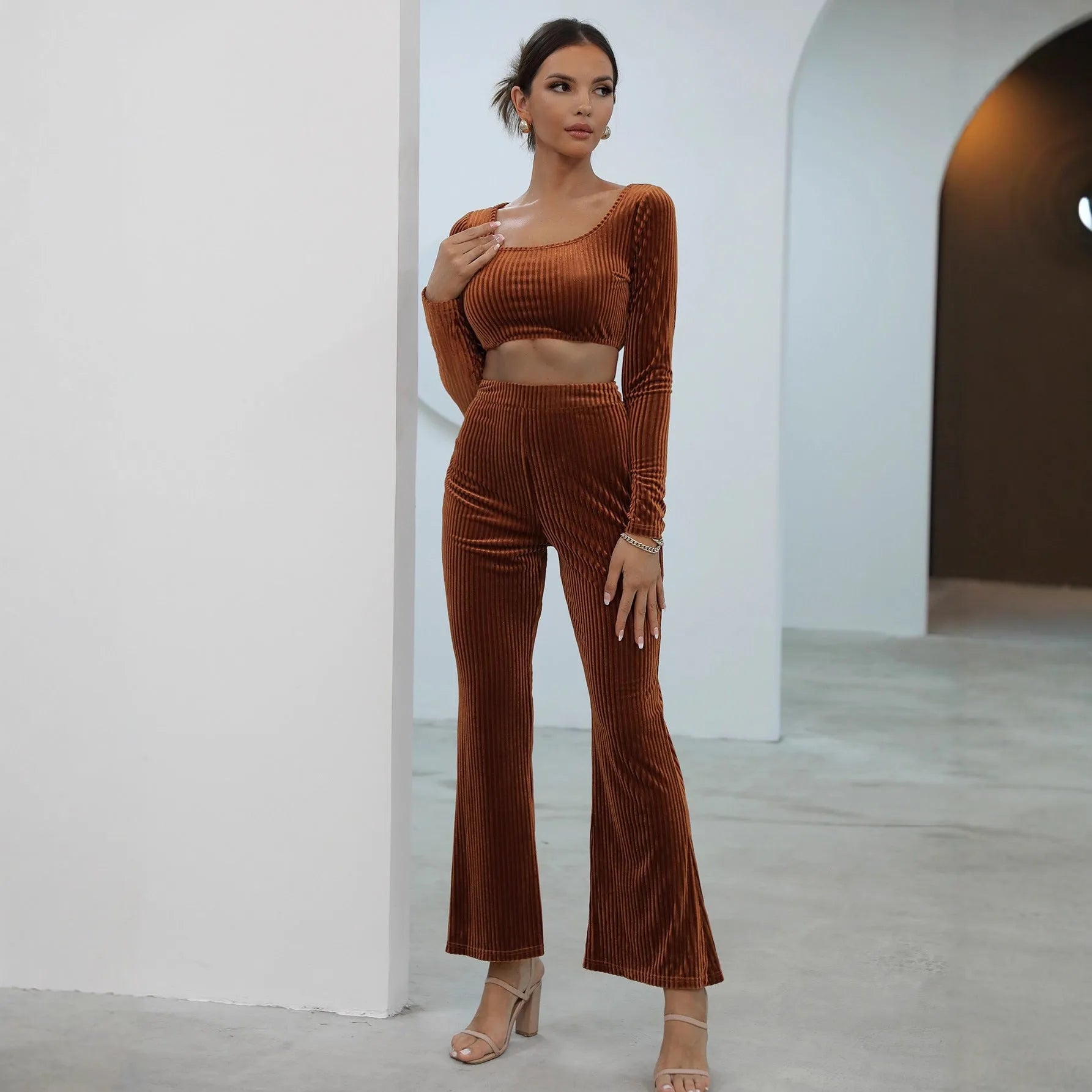 Caramel coloured long sleeve knit sweater and matching trousers casual set