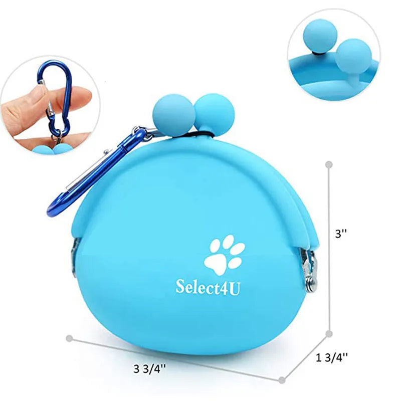 Yellow silicone dog training treat pouch with hook-and-loop waist strap, shown with dog biscuits.