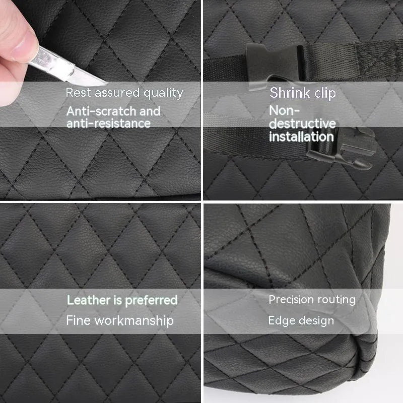 Black leather hanging car storage bag mounted on car headrest showing 25cm dimensions