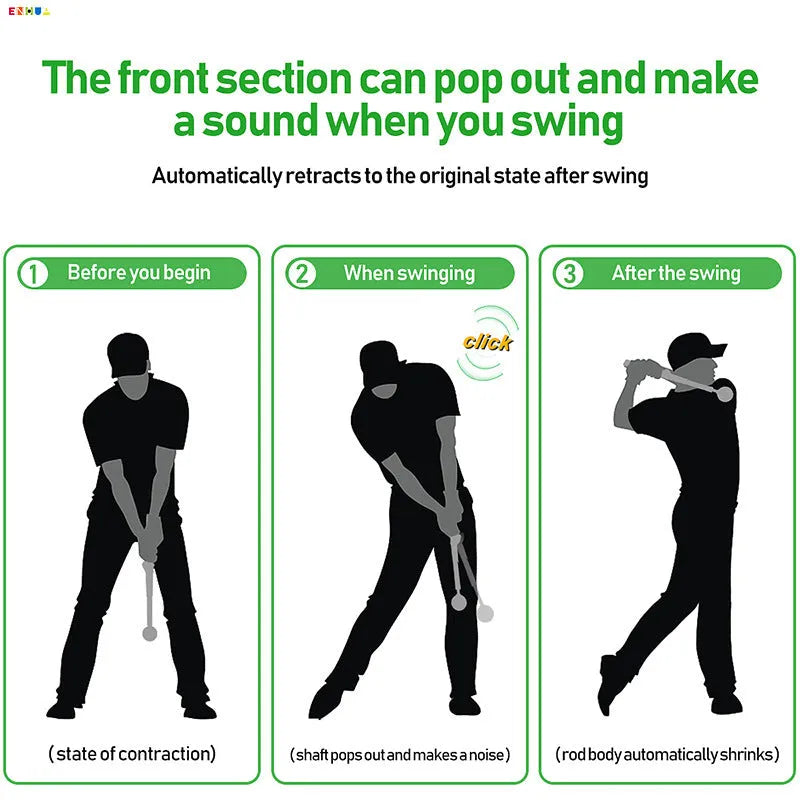 Telescopic stainless steel golf swing simulator trainer in black, blue, or red colour options.