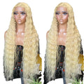 Long curly front lace full head wig for ladies in light gold high temperature fibre with side bangs