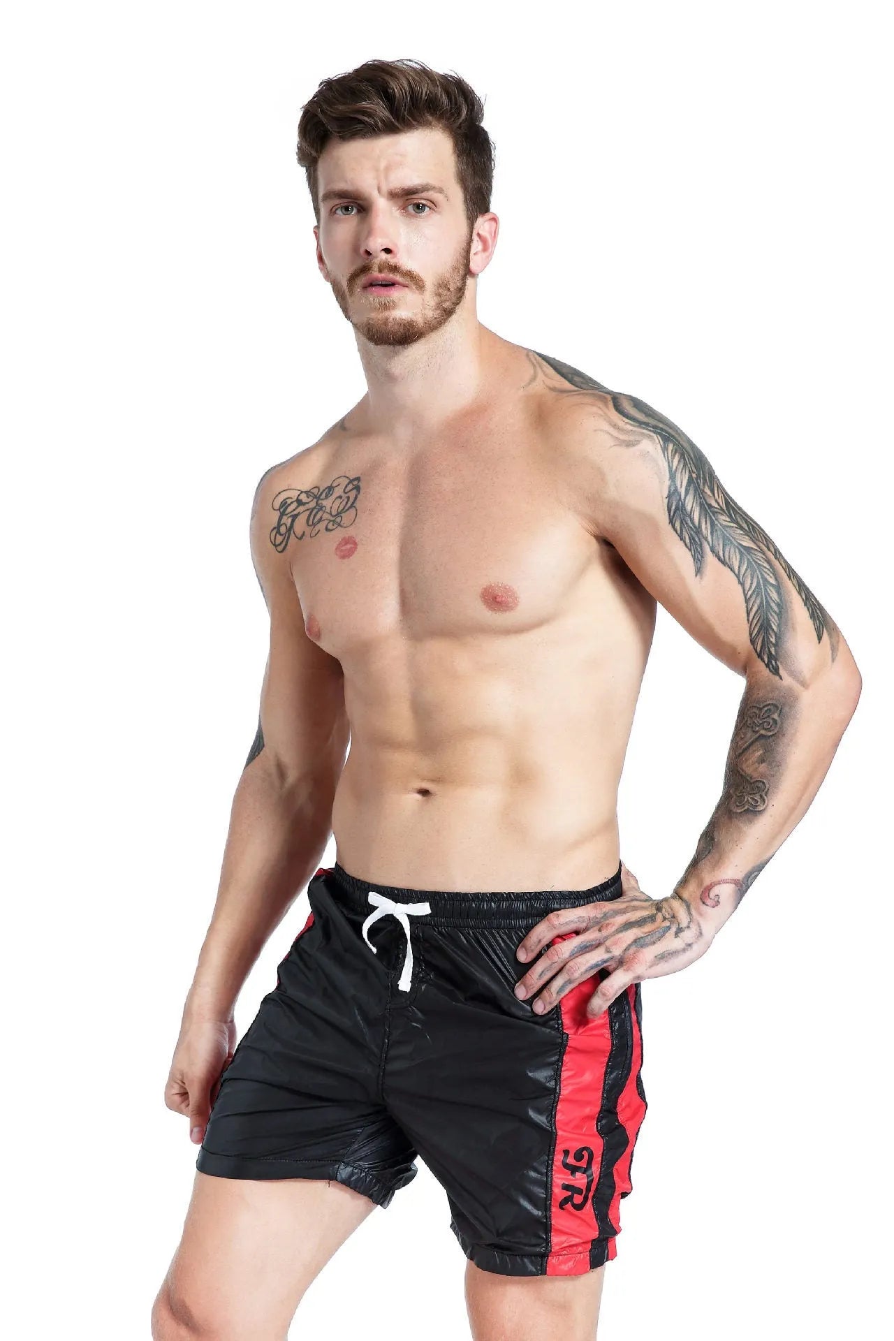 Men's blue lace-up sports shorts with padding, shown in a slim-fit style for running.