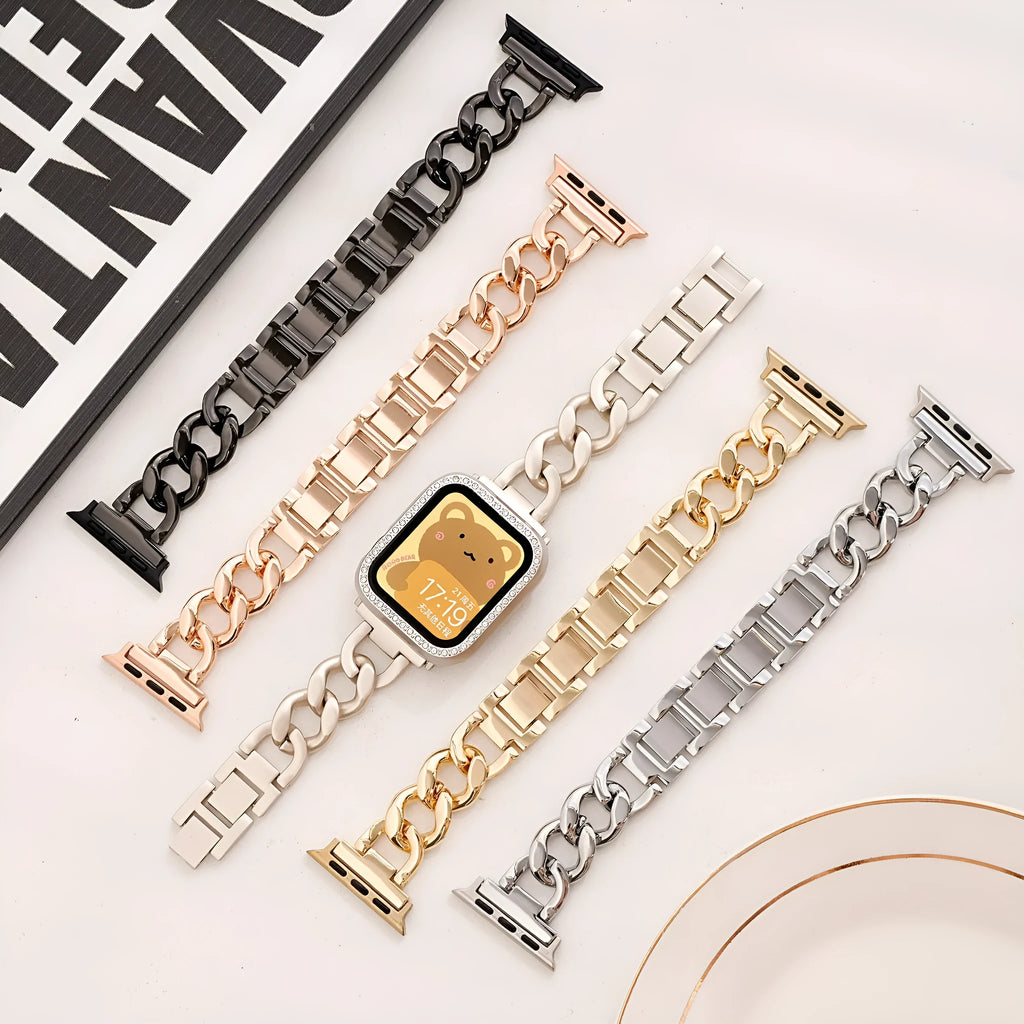 Silver metal chain strap for Apple Watch with 22mm connector on a watch case