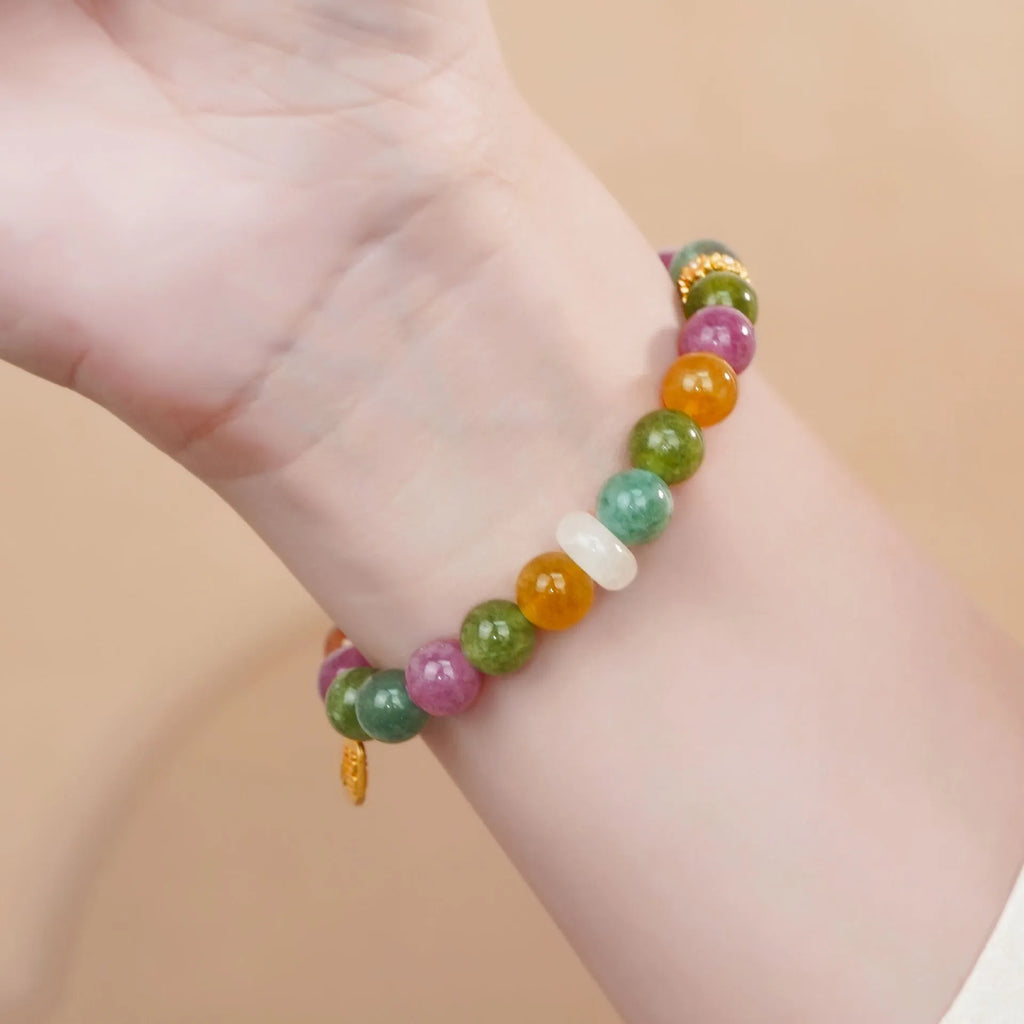 Rainbow coloured tourmaline half bracelet for women with jade pith and electroplated finish