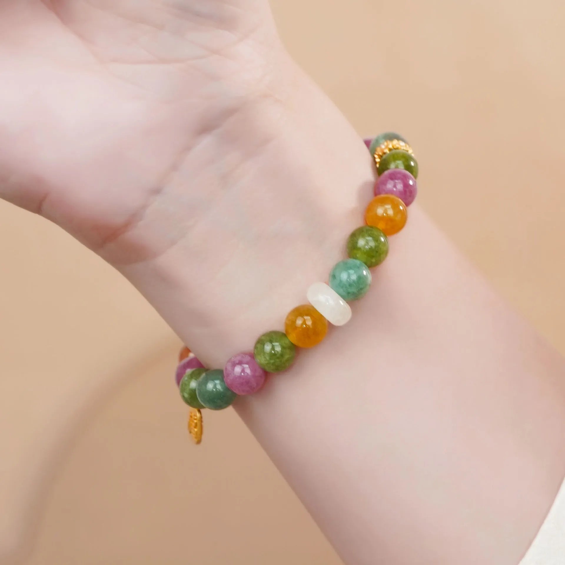 Rainbow coloured tourmaline half bracelet for women with jade pith and electroplated finish