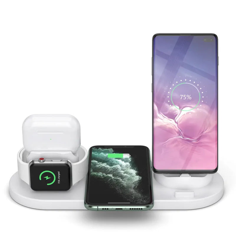 Black 6-in-1 wireless charging station with phone holder charging iPhone, AirPods, and Apple Watch