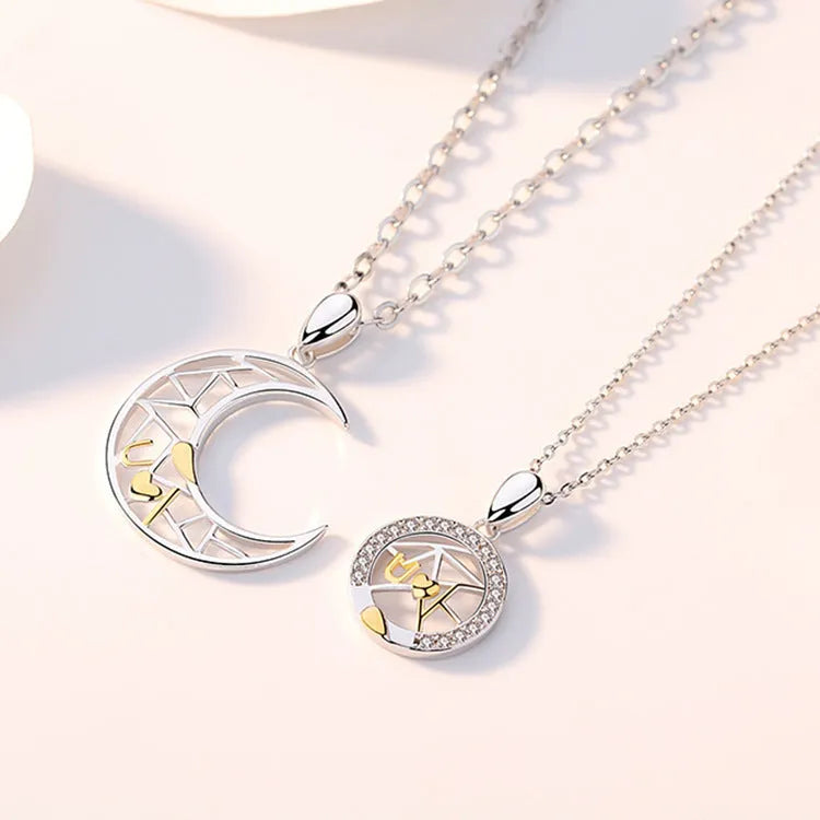 Sun moon couple necklace set with copper electroplated pendants on cross chains