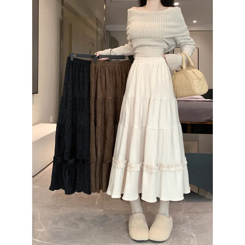 Corduroy A-line midi skirt with elastic waistband in milk white, black or brown colours