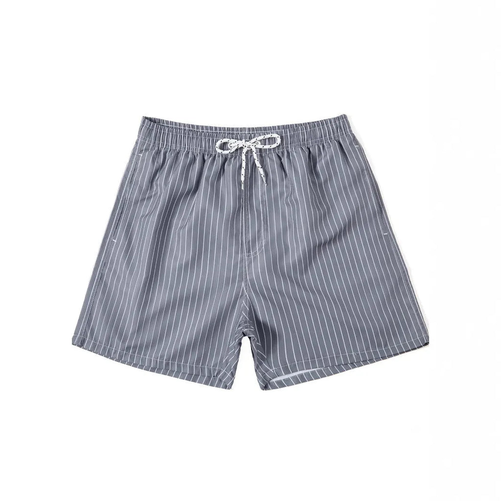 Men's striped polyester shorts with triangle lining in navy blue, straight leg opening for beachwear