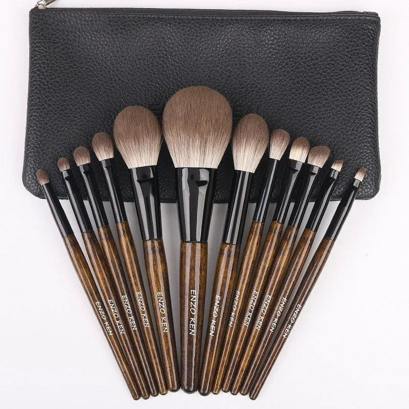 12-piece makeup brush set with artificial fibre bristles and wooden handles in PU storage bag