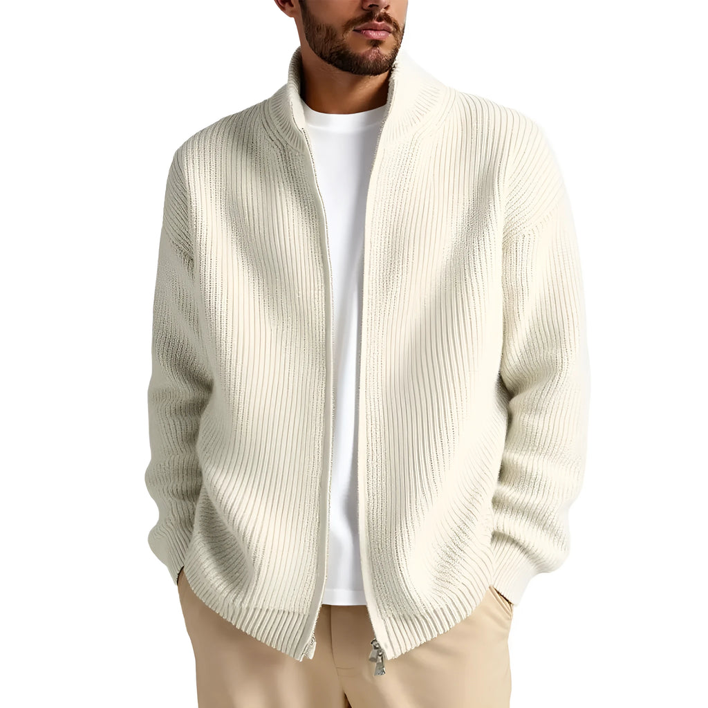 Loose fit men's cardigan sweater in a chemical fibre blend, shown in a choice of five colours.