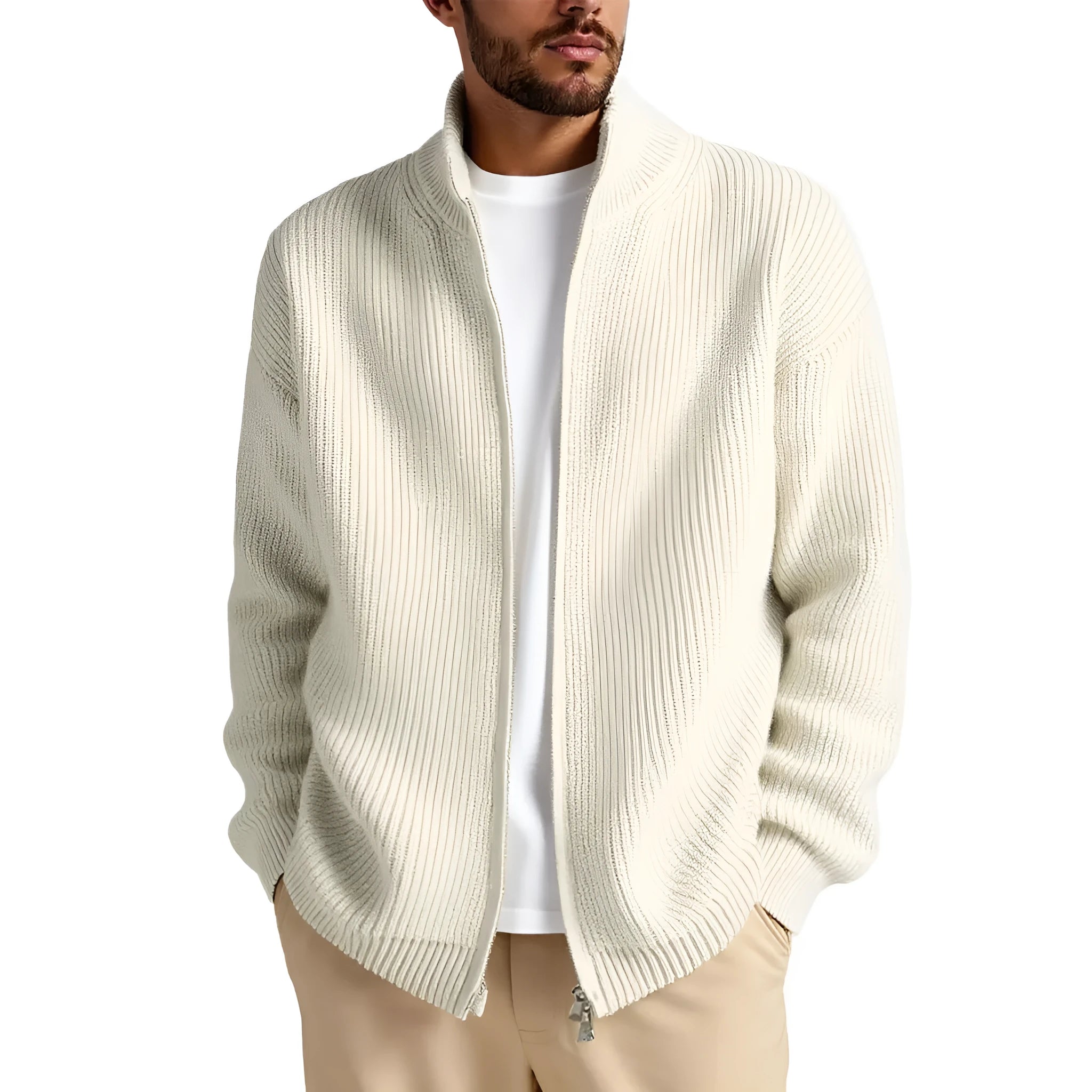 Loose fit men's cardigan sweater in a chemical fibre blend, shown in a choice of five colours.