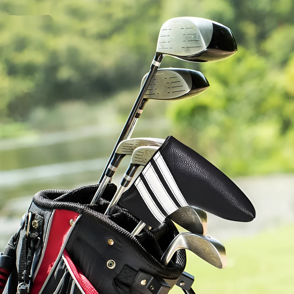Black PU leather golf club head cover, a protective push rod sleeve.