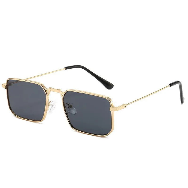 European American square steampunk men's sunglasses with gold frame and gray lens