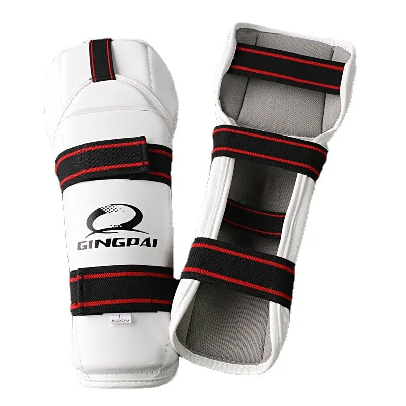 Taekwondo protective gear set showing arm guard, elbow arm guard, and leg protector made from black PU EVA foam.