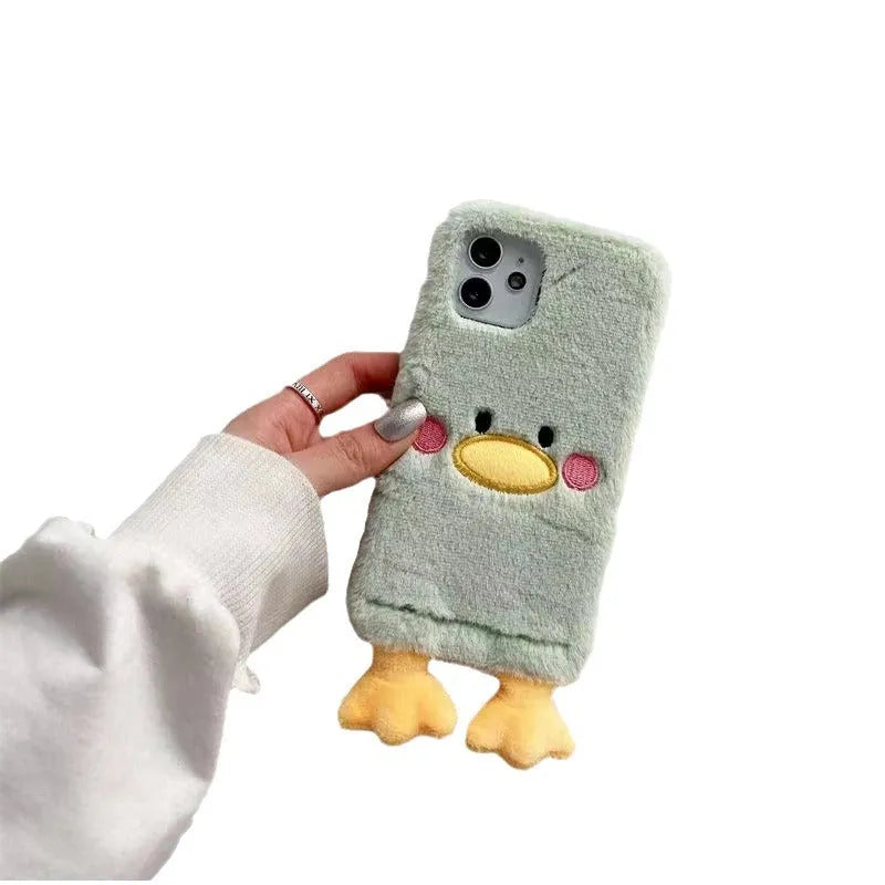 Plush TPU phone case for iPhone 15 Pro with cute duck design in plush vertical duck colour
