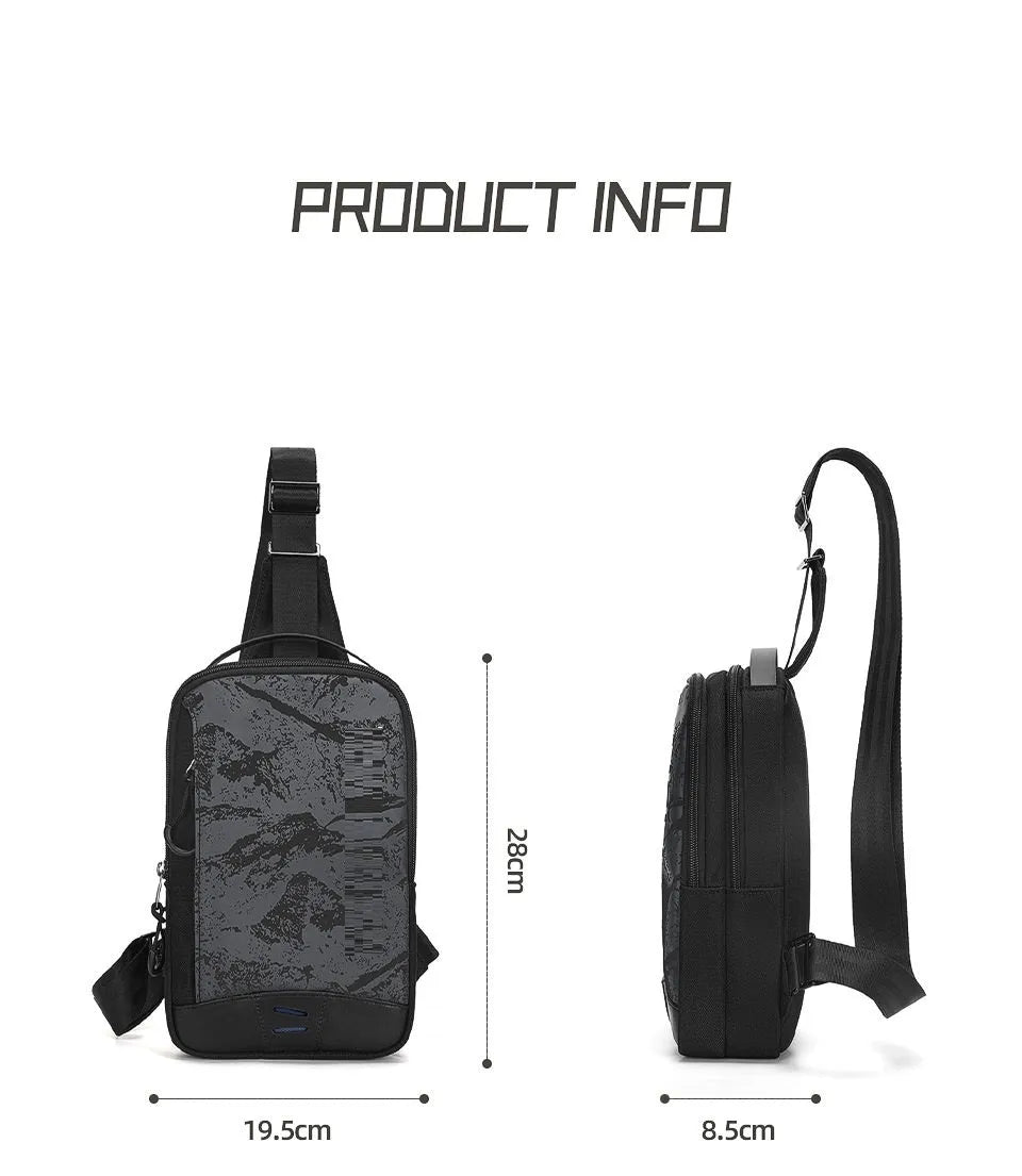 Casual black waterproof chest bag with camouflage pattern, single shoulder strap and soft handle