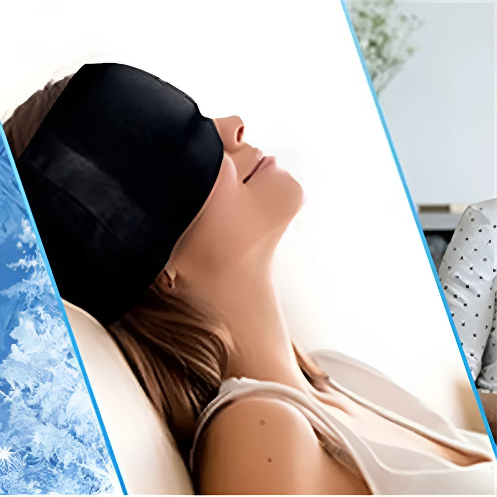 Black elastic cloth gel ice mask for headache relief with adjustable strap on a grey background.