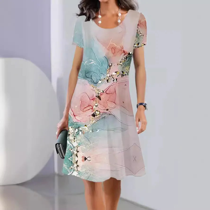 Women's floral print mid-length A-line summer dress on a hanger