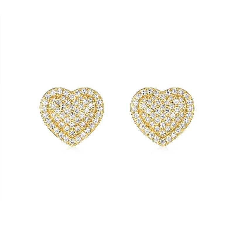 Gold-coloured heart-shaped moissanite stud earrings on S925 silver posts