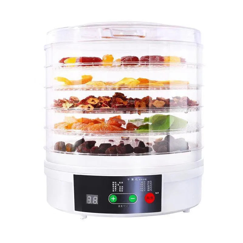 Five-layer household food dehydrator with seven mesh drying trays and multiple plug options