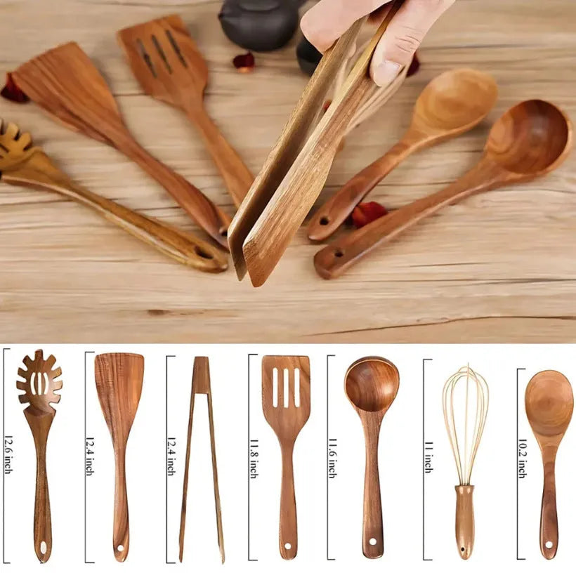 Seven wooden cooking utensils including spoons and shovels for non-stick pan protection