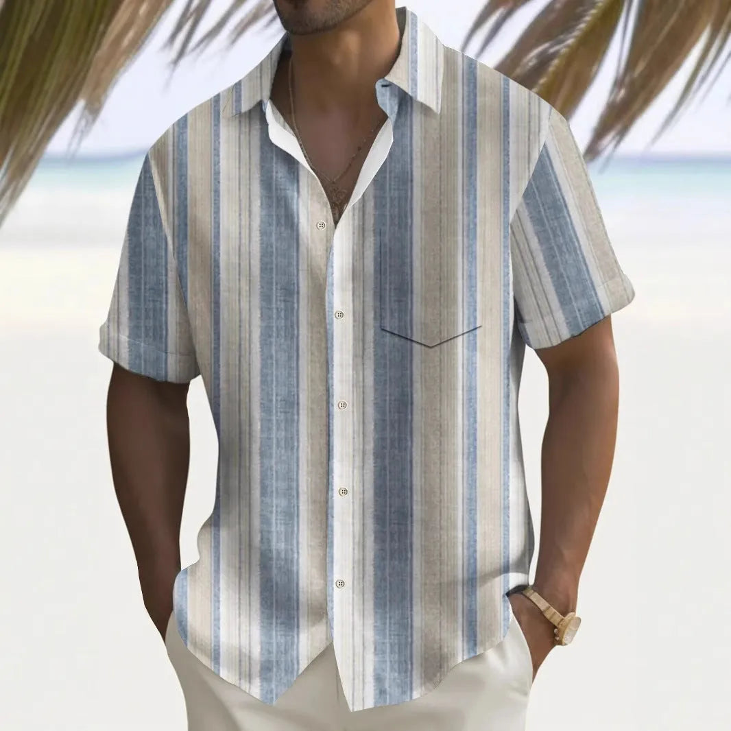 Men's printed polyester casual shirt in loose cardigan style showing multicolour pattern