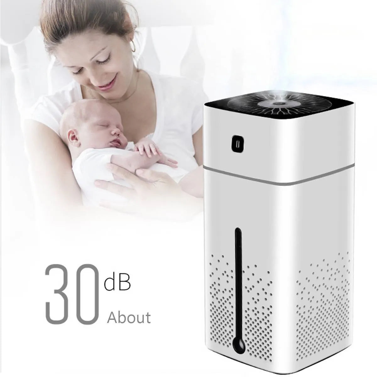 Black or white USB-powered desktop humidifier with 1000ml tank, dimensions 103x103x218mm.