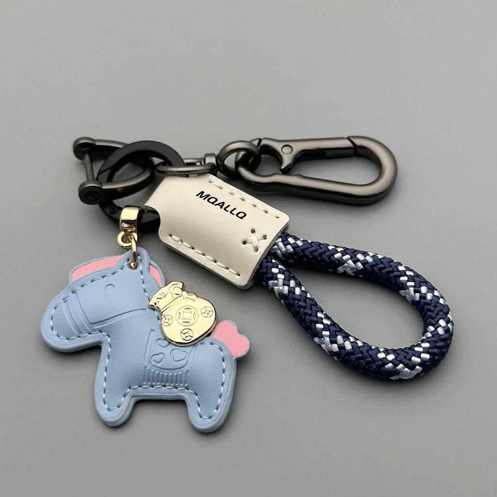 Handmade cowhide car key ring pendant with zinc alloy pony buckle and flanelle rope cord in multiple colour options