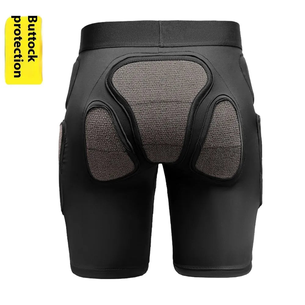 X-ray diffraction skiing protective gear set showing slim hip pads and multiple-protection knee pads.