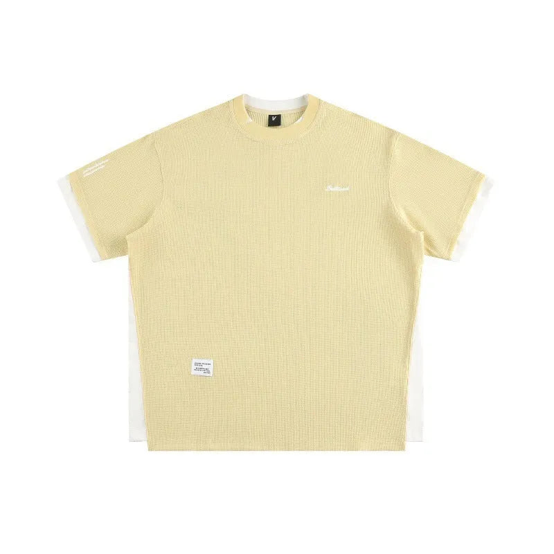 Retro alphabet embroidered loose waffle T-shirt in polyester fibre showing fake two-piece design