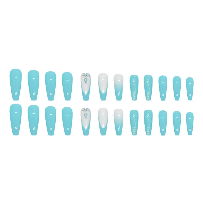 Solid blue long ballet shaped false nail patches with glue bottle