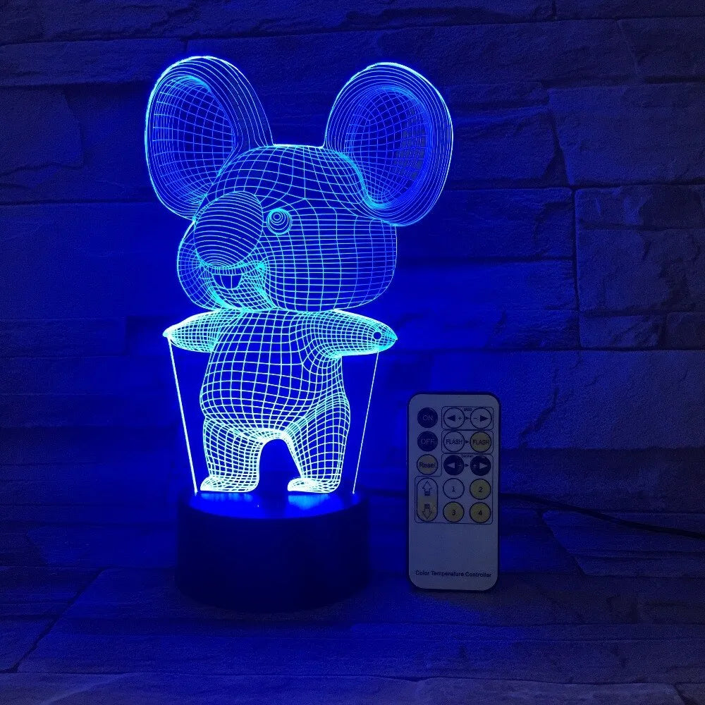 Koala-shaped LED night light showing seven colour options on black base with touch or remote control