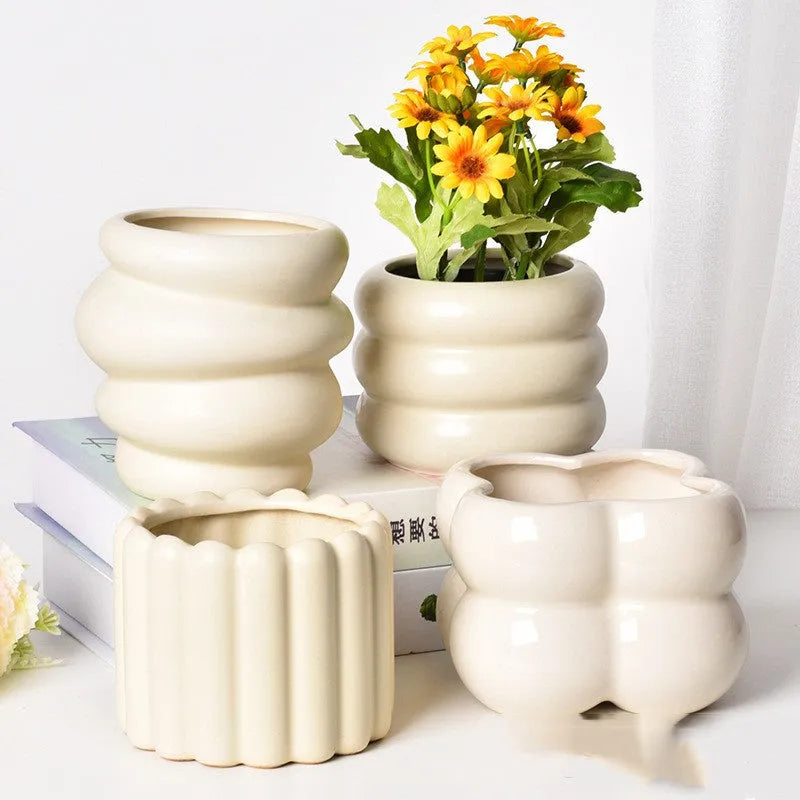 Roman column matte yellow ceramics flowerpot for home decoration with breathable plant care features