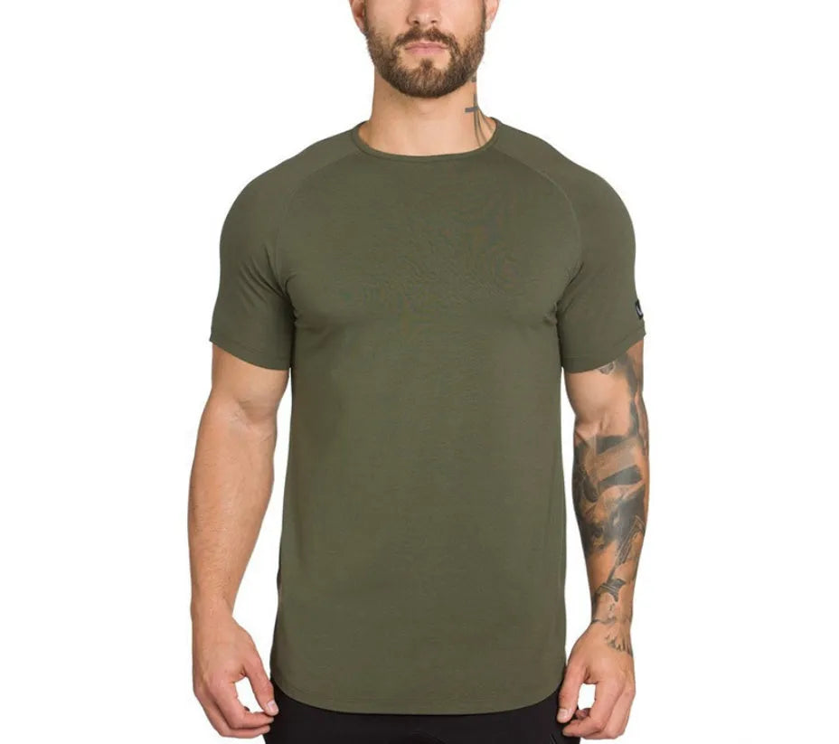 Men's plain custom gym shirt in cotton and spandex fabric, shown in Army Green colour.