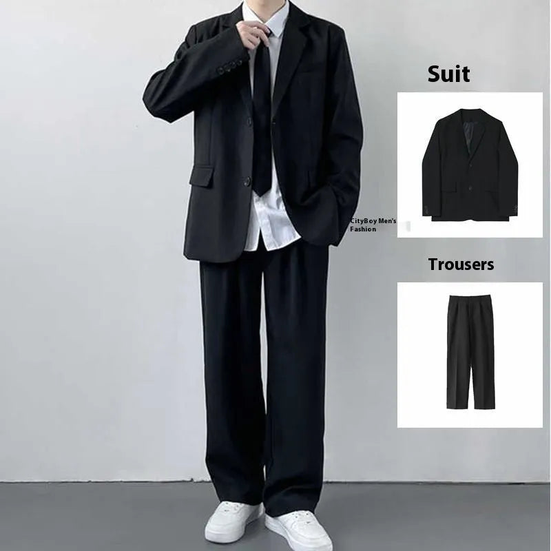 Men's plus size suit jacket with trousers shirt and tie ensemble in college style